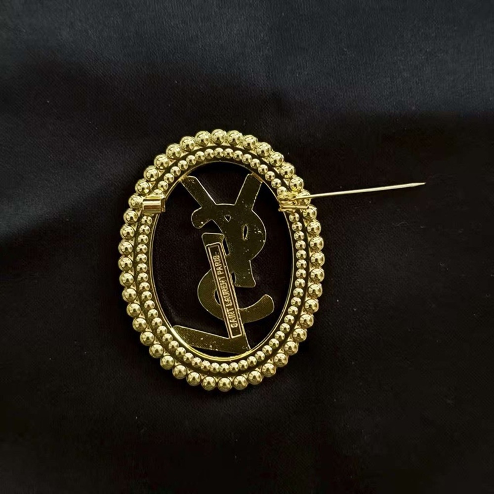 Yves Saint Laurent Vintage Gold Brooch YSL Logo With Stones And Pearls - Picture 3 of 6